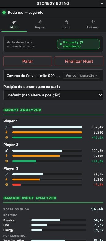 Tela de Hunt e Impact Analyzer do Stonegy BotNG